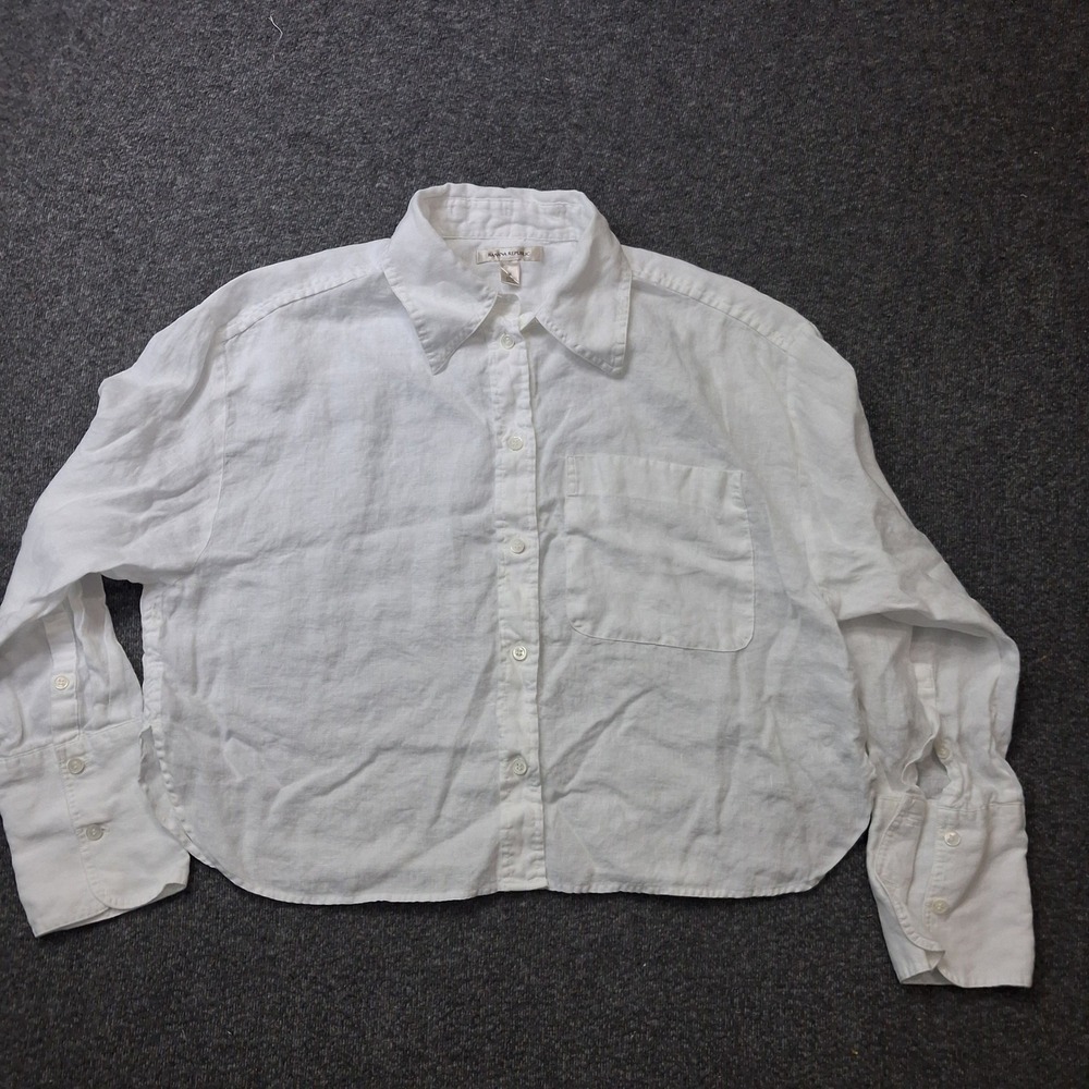 Banana Republic White 100% Linen Button Down Shirt Cropped Boxy Womens Medium - Picture 8 of 9